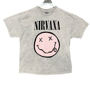 Nirvana Band Tee 2XL Grey Pink Graphic Smiley Face Short Sleeve Shirt Retro NWOT